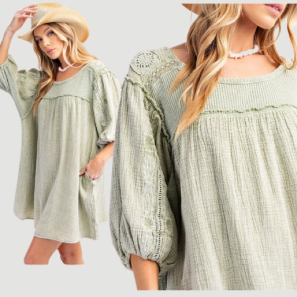 NEW BOHO HALF SLVS MINERAL WASHED COTTON GAUZE LOOSE FIT TUNIC DRESS